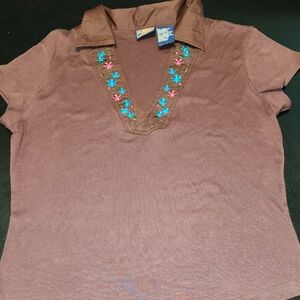 Route 66 Brown Embroidered V-Neck Top Sz Xl
